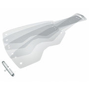 Two transparent protective face shields with pre-drilled mounting holes, shown overlapping on a white background, with a small silver metal clip at the bottom left.