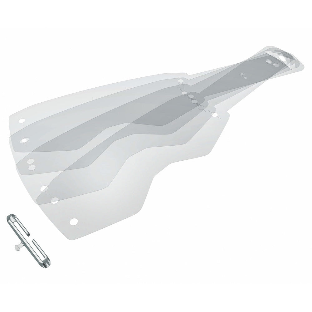 Two transparent protective face shields with pre-drilled mounting holes, shown overlapping on a white background, with a small silver metal clip at the bottom left.