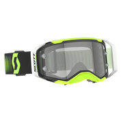 Green and black goggles with clear lens on a white background