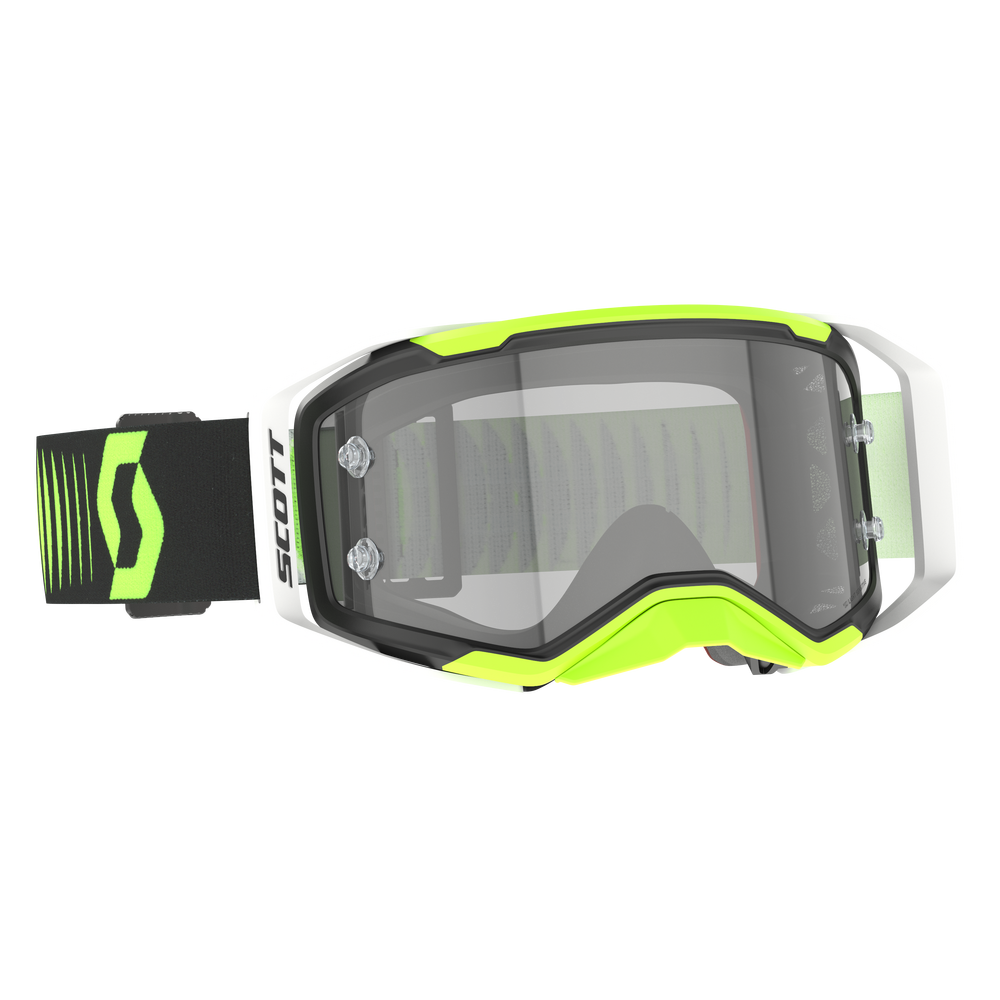 Green and black goggles with clear lens on a white background
