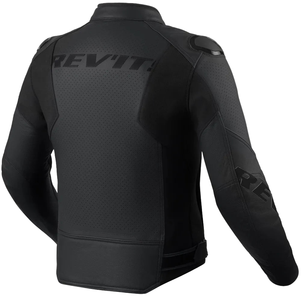 Black motorcycle jacket with 'REV'IT' branding on a white background