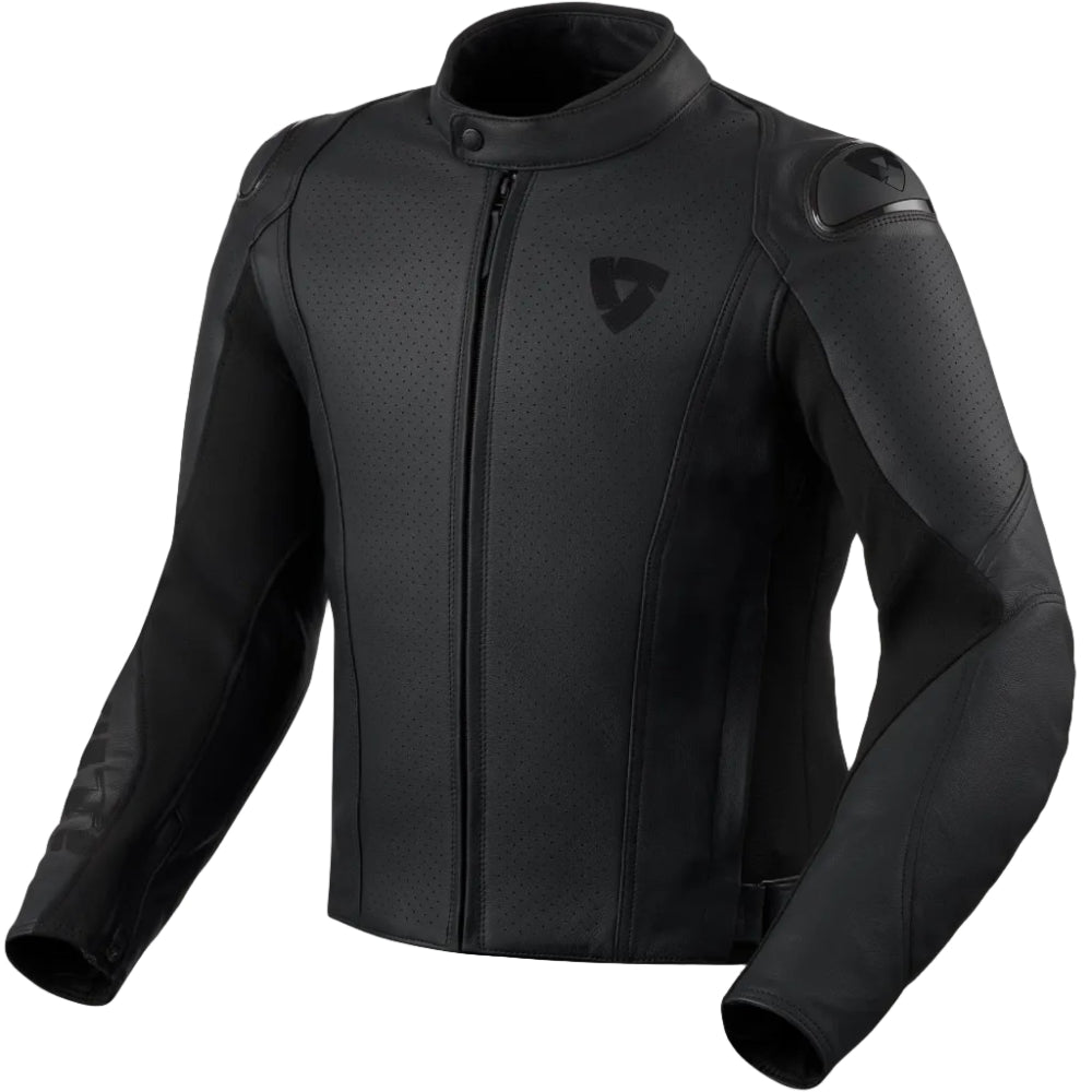 Black motorcycle jacket with brand logo on a light gray background