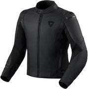 Black motorcycle jacket with brand logo on a light gray background