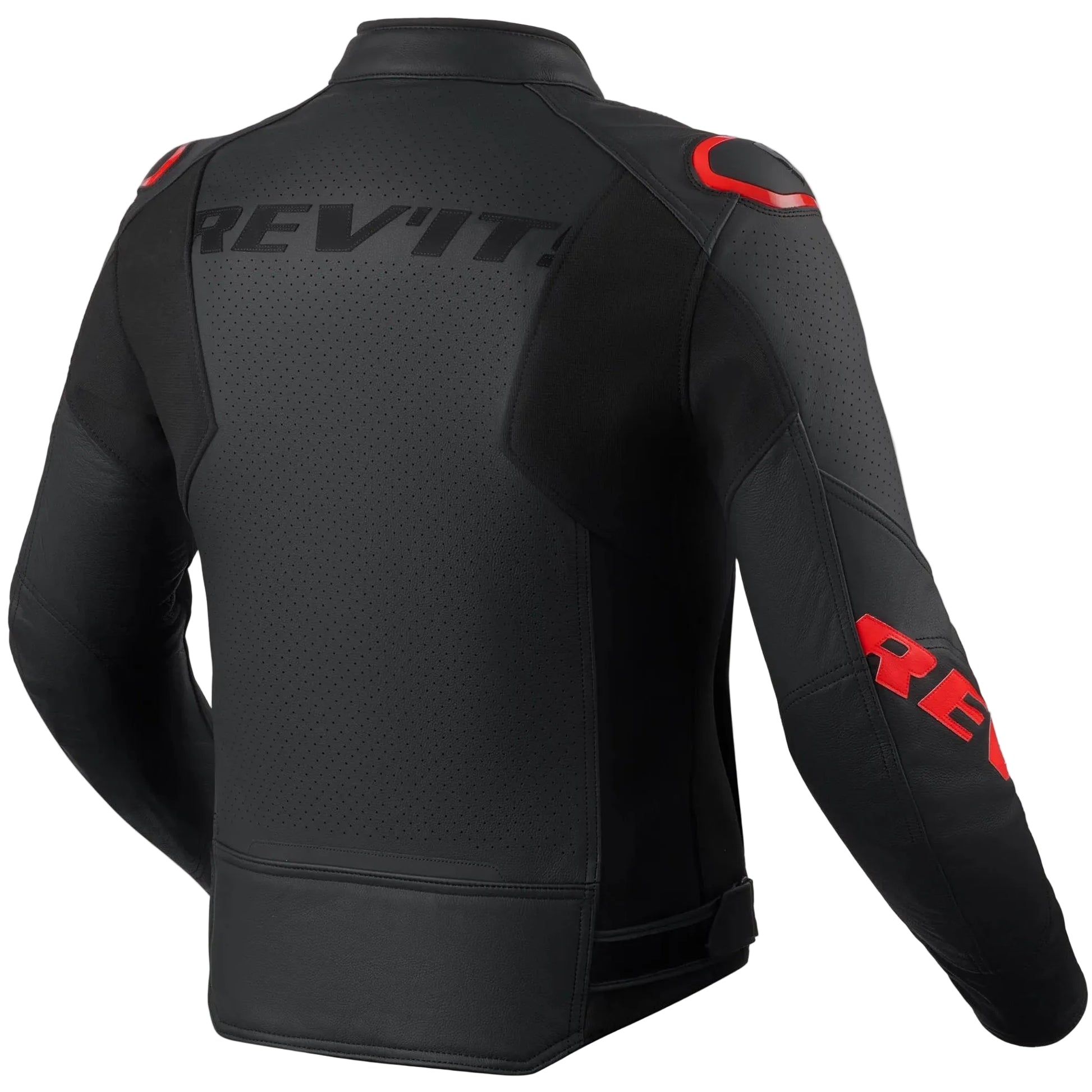 Black motorcycle jacket with red accents and 'REV'IT' branding on a light gray background
