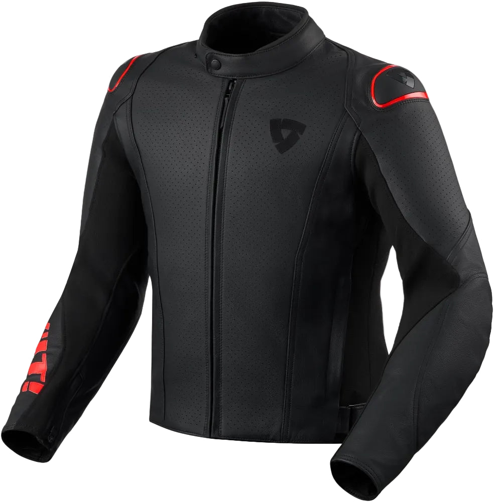 Black motorcycle jacket with red accents on a white background