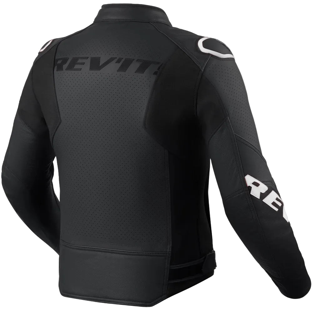 Black motorcycle jacket with 'REV'IT' branding on a white background