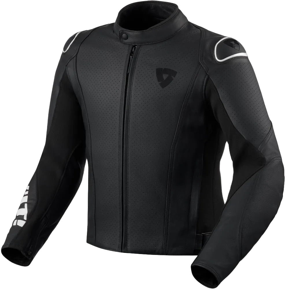 Black motorcycle jacket with white accents on a light gray background