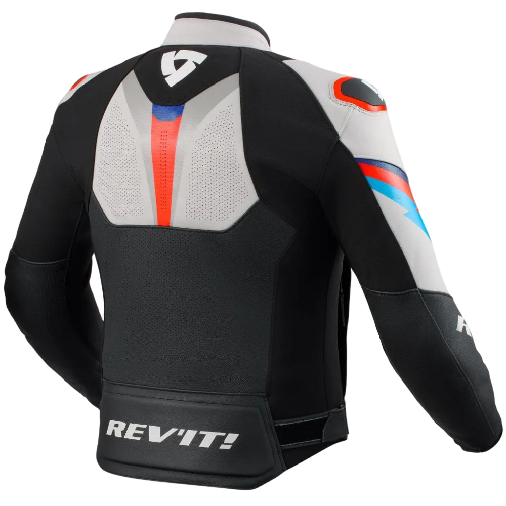 Black motorcycle jacket with visible branding on a white background