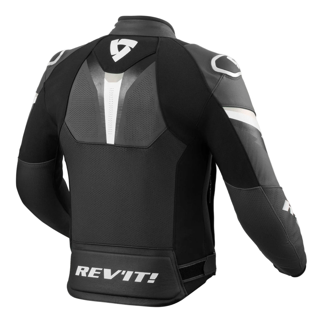 Black motorcycle jacket with REV'IT! branding on a white background