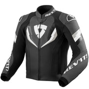 Black motorcycle jacket with white accents on a white background