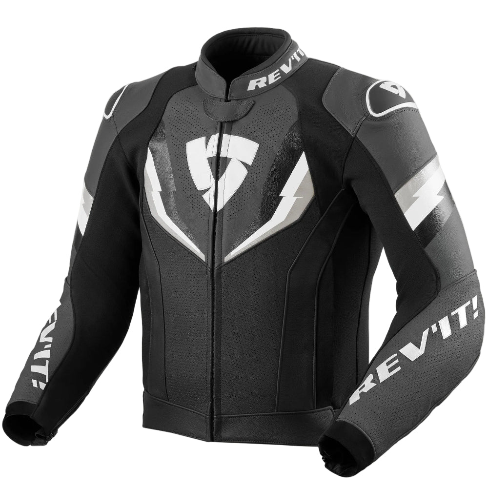 Black motorcycle jacket with white accents on a white background