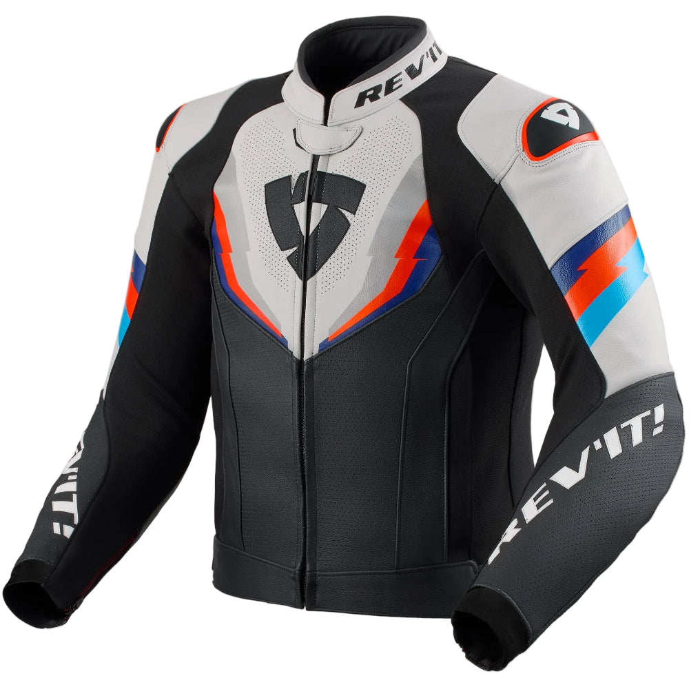 Black motorcycle jacket with colorful accents on a white background