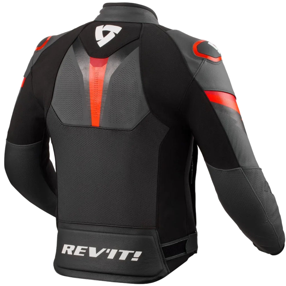 Black and gray motorcycle leather jacket shown from the back, featuring red accents, a white REV'IT! logo on the lower back, and a white shield logo on the upper back, set against a light gray background.