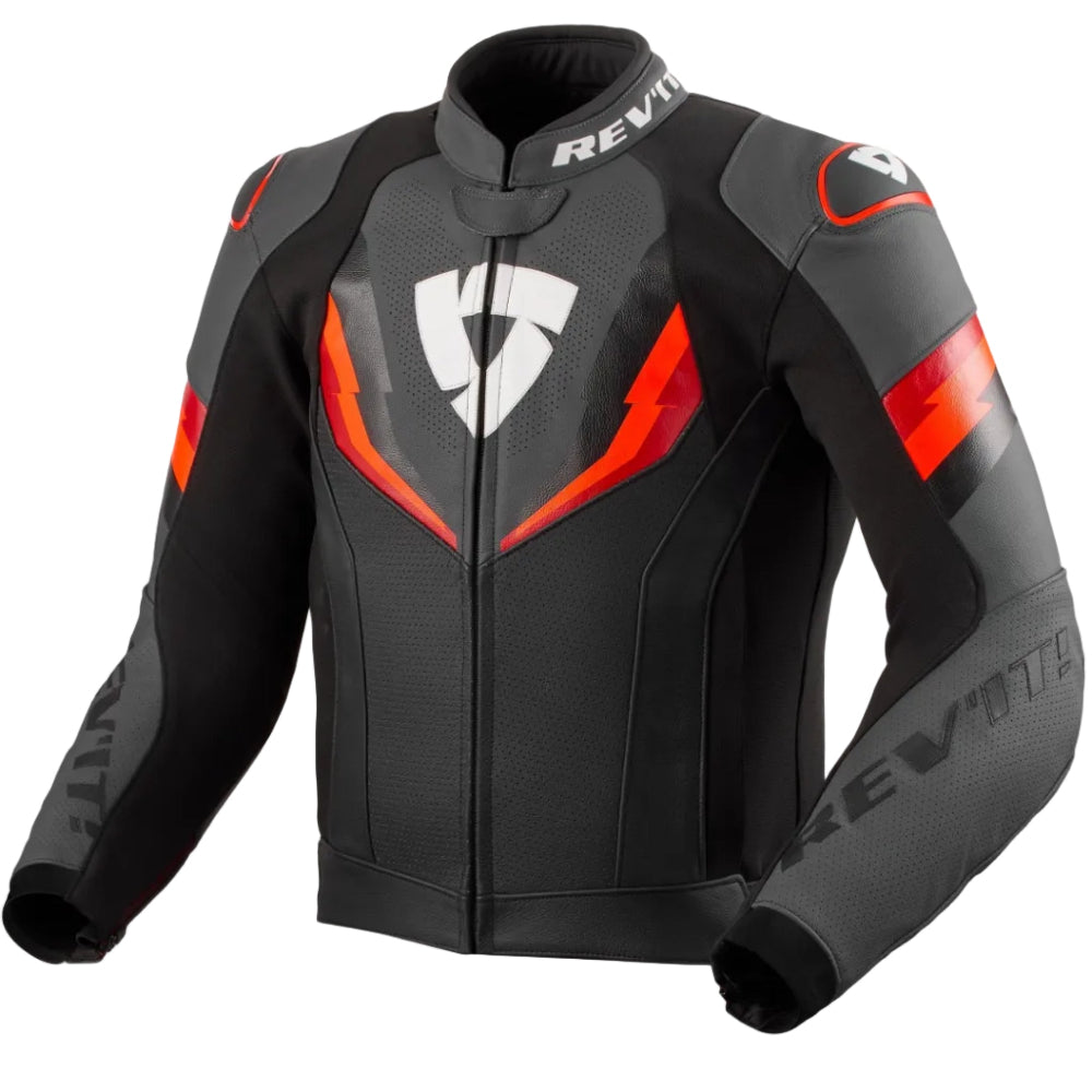 A black and dark gray motorcycle leather jacket with bright red and white graphic accents, featuring the brand name REV'IT! on the collar and sleeve.