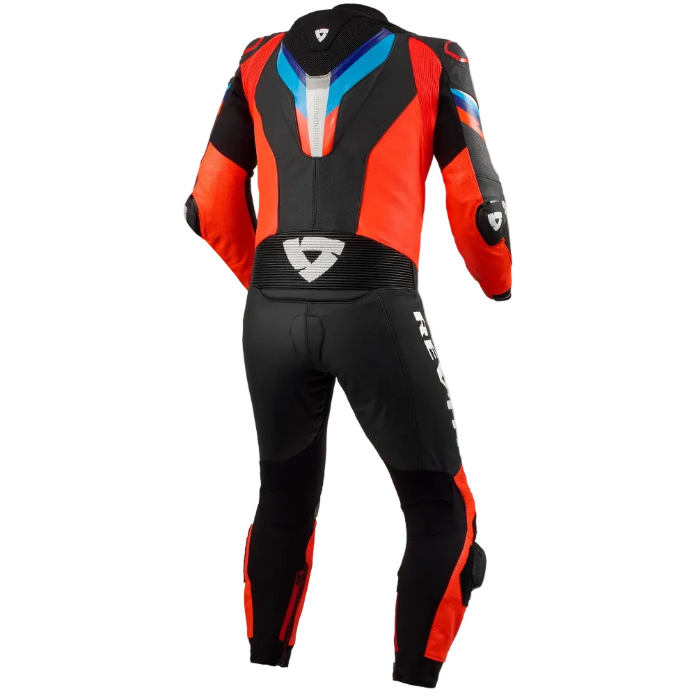 Motorcycle racing suit with red, black, and blue design on a white background