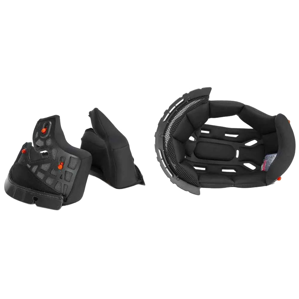 Black protective gear components on a white background