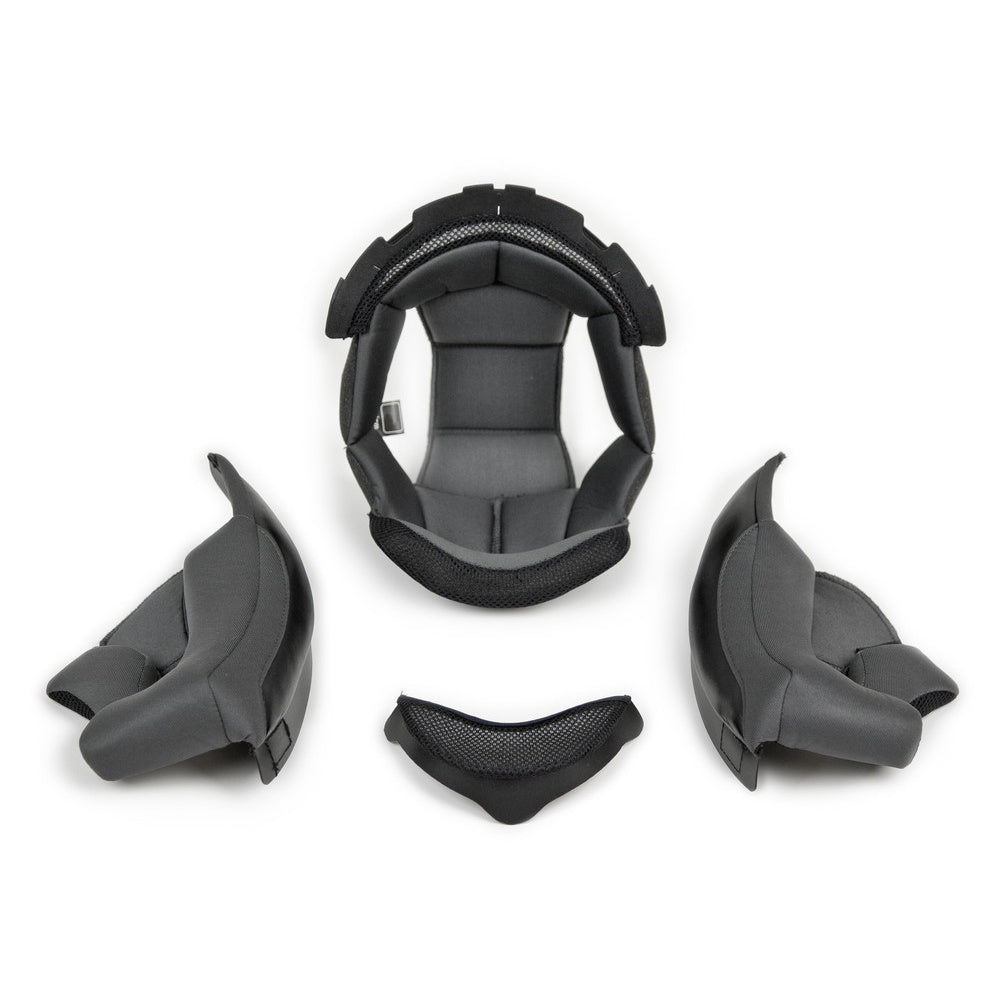 Black protective gear components on a white background