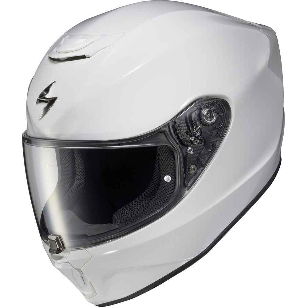 A white full-face motorcycle helmet with a clear visor, featuring a black stylized logo on the side and a dark interior padding, shown against a plain white background.