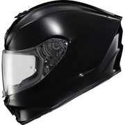 A glossy black full-face motorcycle helmet with a clear visor, shown from a three-quarters angle against a plain white background.