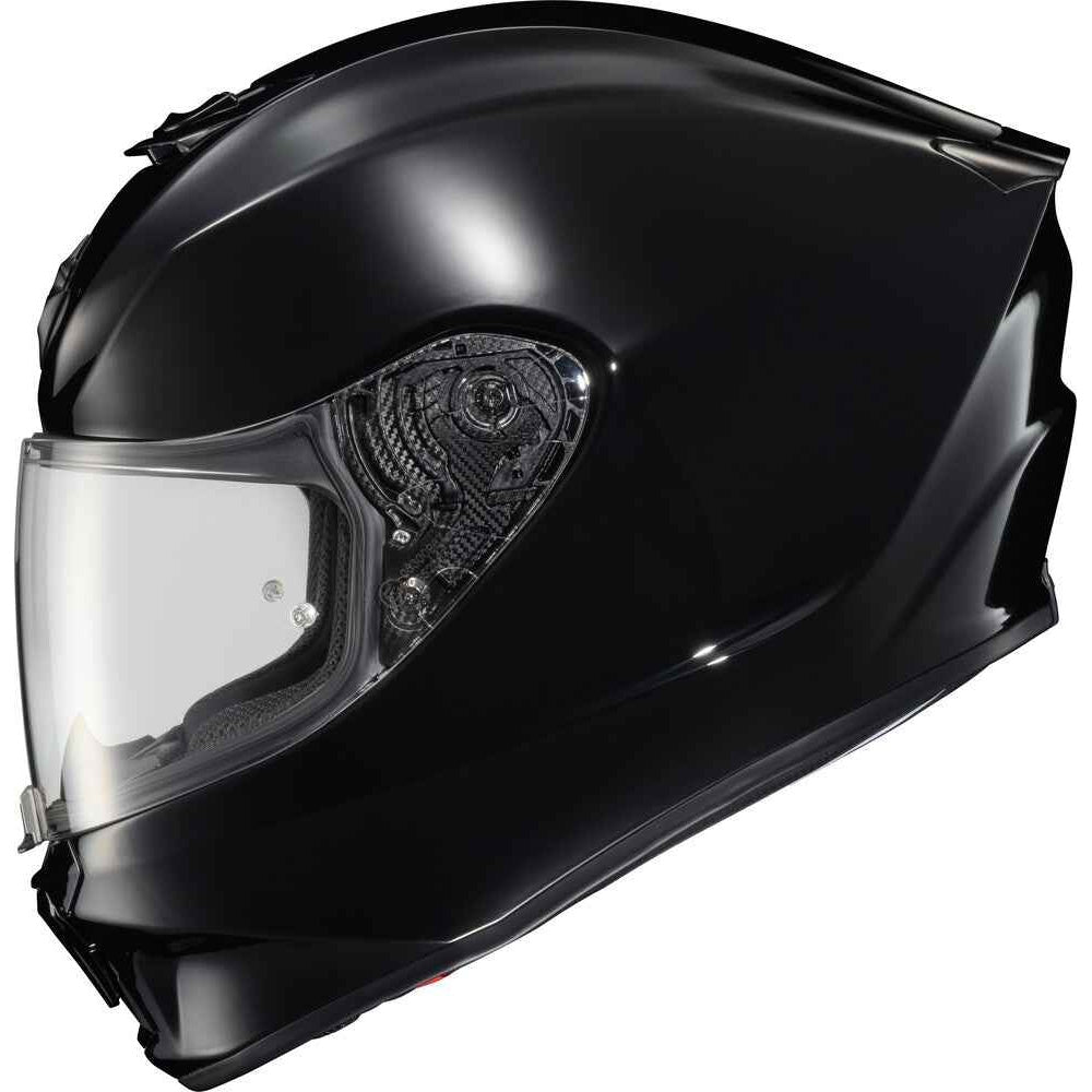 A glossy black full-face motorcycle helmet with a clear visor, shown from a three-quarters angle against a plain white background.
