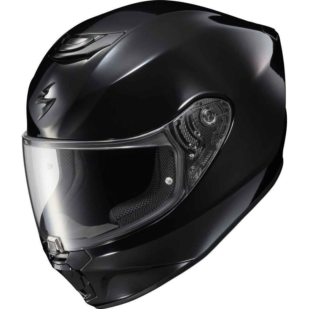 A glossy black full-face motorcycle helmet with a clear visor, shown at a three-quarter angle against a plain white background.