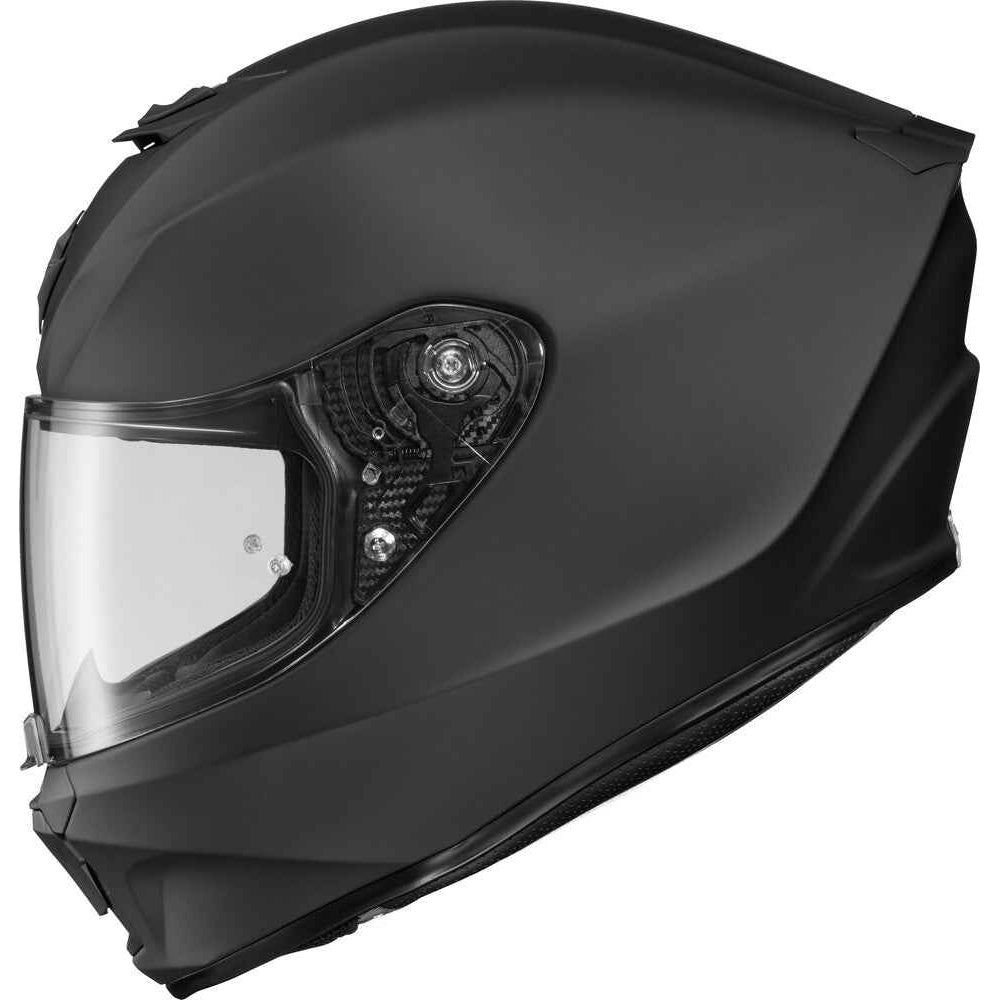 Black motorcycle helmet with clear visor on a white background