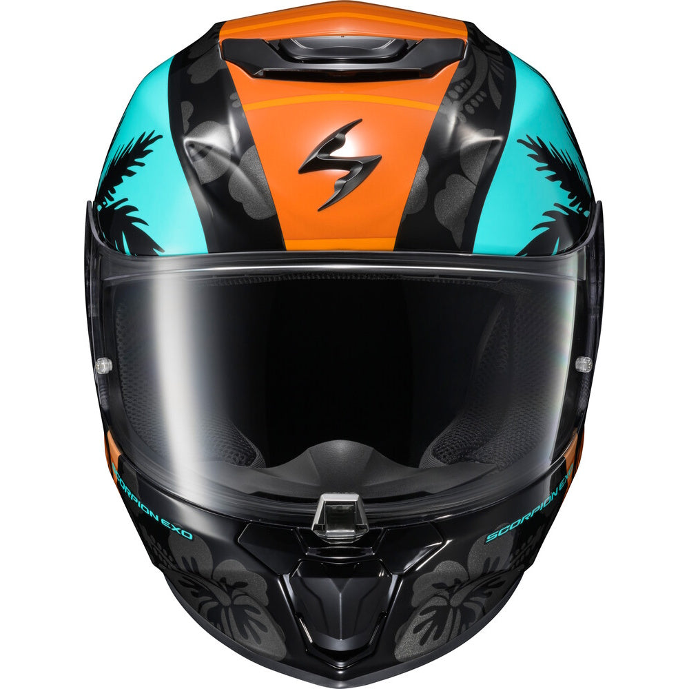 A full-face motorcycle helmet with a black visor, featuring a graphic design of bright orange, turquoise blue, and black with palm tree silhouettes. The brand name 'SCOUT' is visible on the lower chin bar.