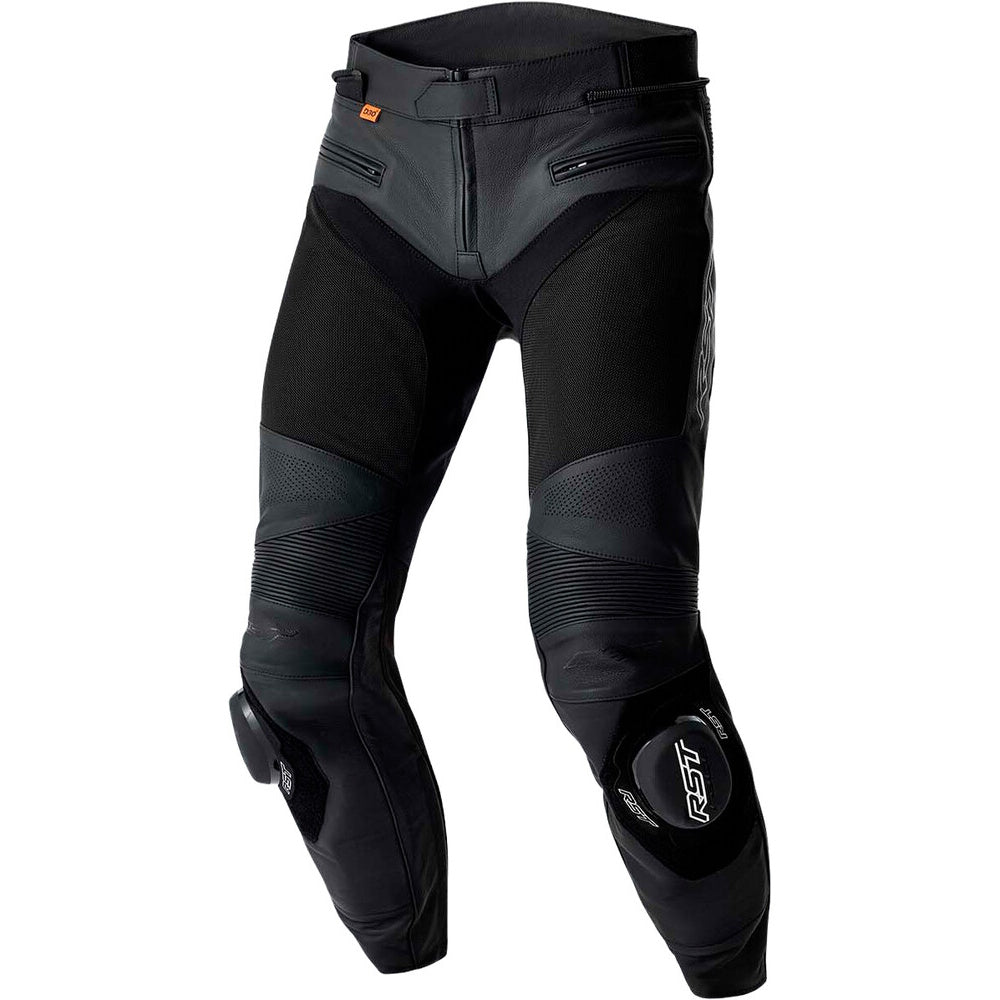 Black motorcycle pants with visible branding on a white background