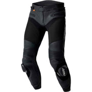 Black motorcycle pants with visible branding on a white background
