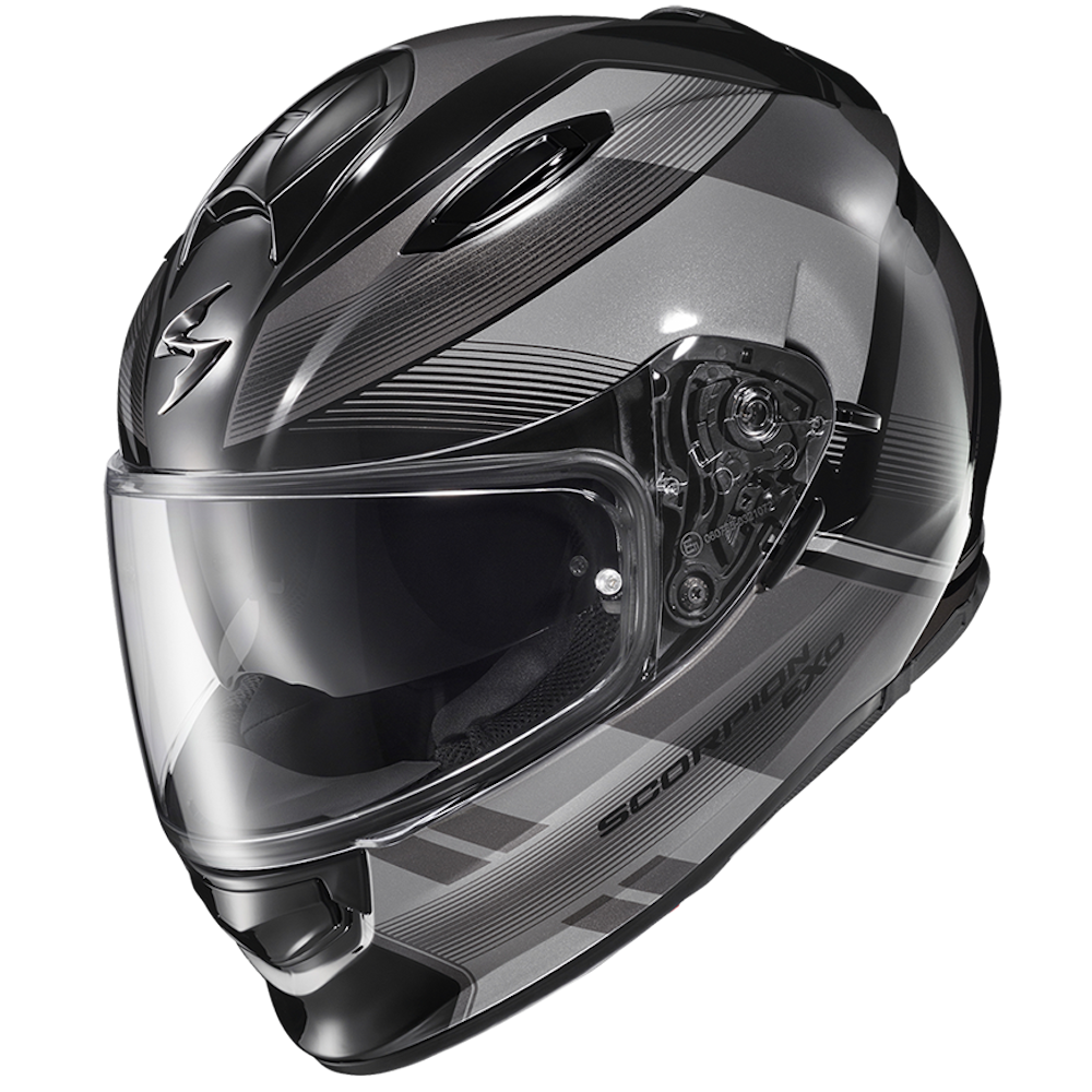 A full-face motorcycle helmet in a glossy black and dark gray color scheme with a clear visor, shown from a three-quarters angle on a white background.