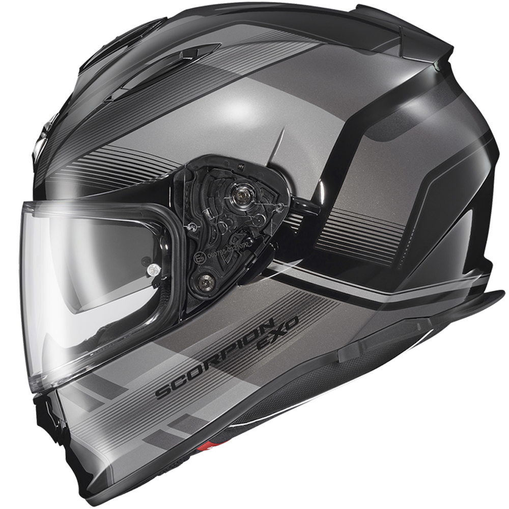 A dark gray and black full-face motorcycle helmet with a clear visor, featuring the Scorpion EXO logo on the lower side, shown against a plain white background.
