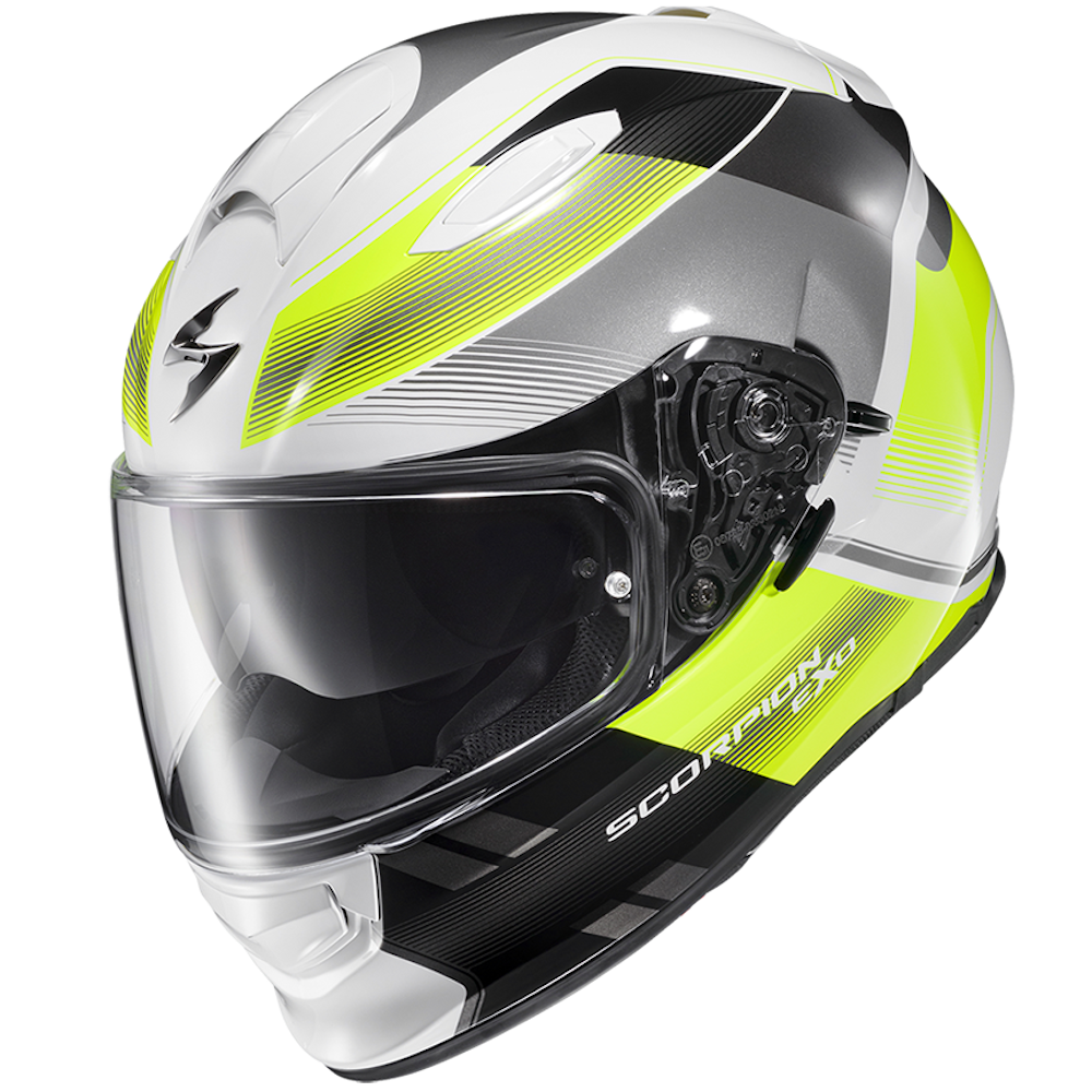 A Scorpion Ryzer full-face motorcycle helmet in metallic silver, black, and neon yellow-green, featuring a clear visor and the Scorpion logo on the side.