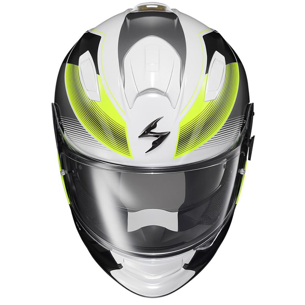 A full-face motorcycle helmet in white, black, and neon yellow-green, featuring a clear visor and a stylized 'S' logo on the forehead, shown against a plain white background.