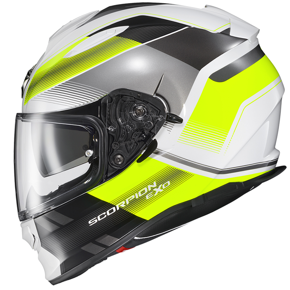 A full-face motorcycle helmet in white, black, and neon yellow-green, featuring a clear visor and the 'SCORPION EXO' branding on the side.