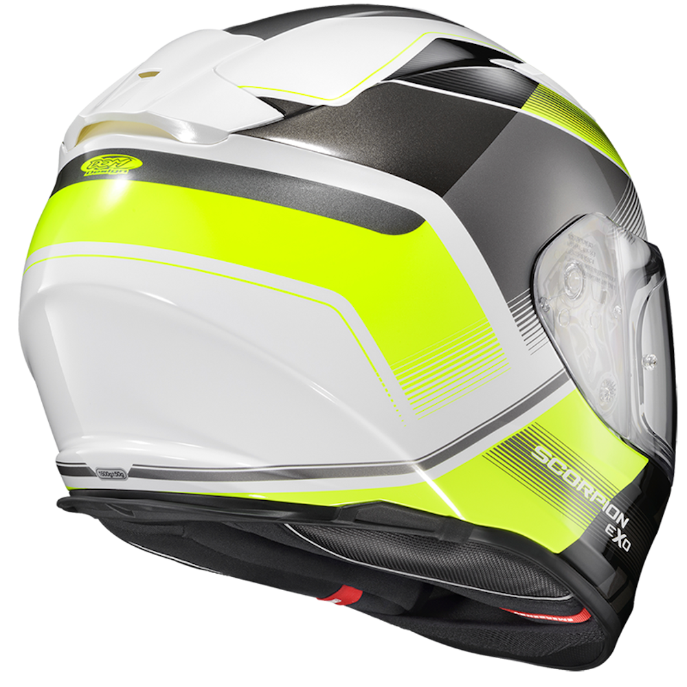 A full-face motorcycle helmet in white, black, and neon yellow-green, shown from a three-quarters side angle against a plain white background. The brand 'SCORPION' is visible on the lower side panel.
