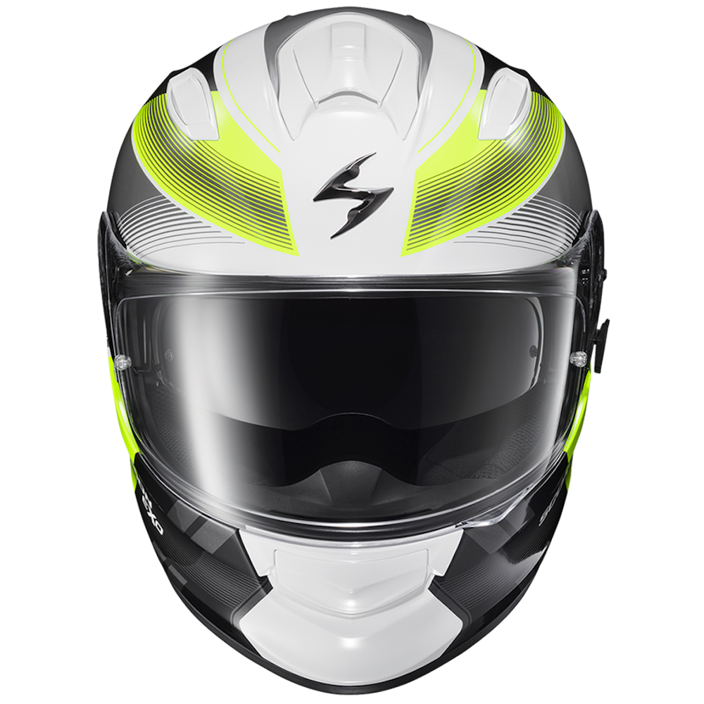 A full-face motorcycle helmet in white, black, and neon yellow-green, featuring a clear visor and a stylized black logo on the forehead, shown against a plain white background.