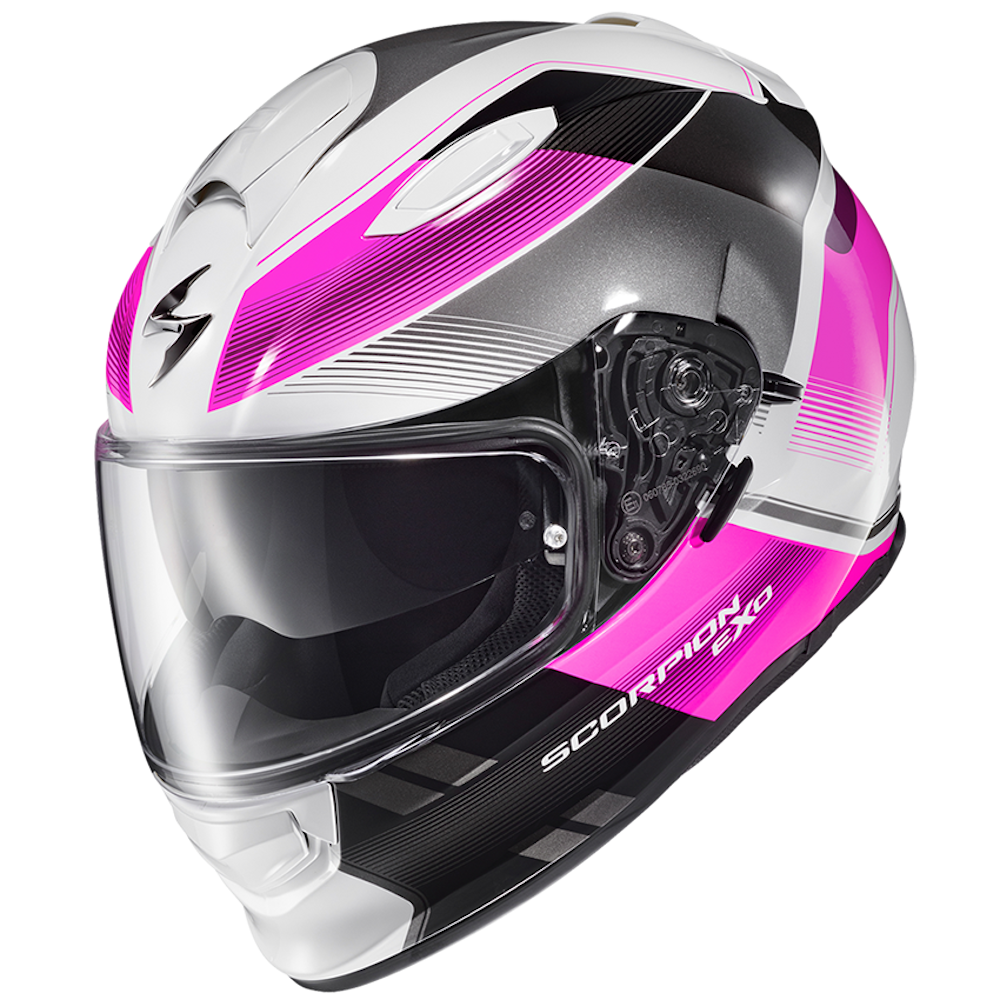A Scorpion Ryzer full-face motorcycle helmet in metallic silver, black, and vibrant hot pink, featuring a clear visor and the Scorpion logo on the side.