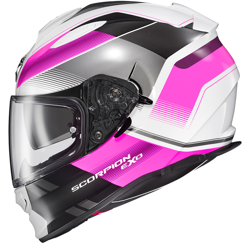 A Scorpion Ryzer full-face motorcycle helmet in white, black, and vibrant pink, featuring a clear visor and carbon fiber texture details.