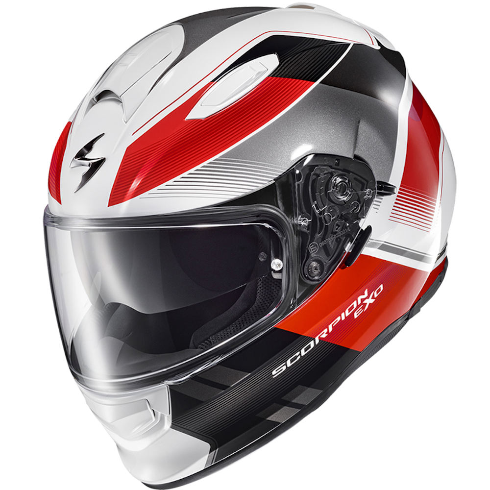A Scorpion EXO full-face motorcycle helmet in a metallic silver, red, and black colorway, featuring a clear visor and carbon fiber texture details.