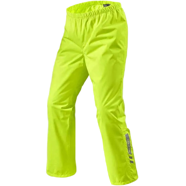 Bright neon yellow-green waterproof pants with an elastic waistband and reflective vertical stripes near the lower leg, shown on a light beige background.
