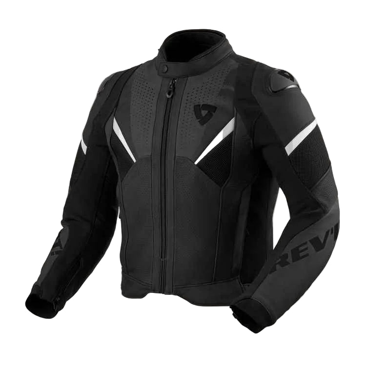 Black motorcycle jacket with white accents on a light gray background