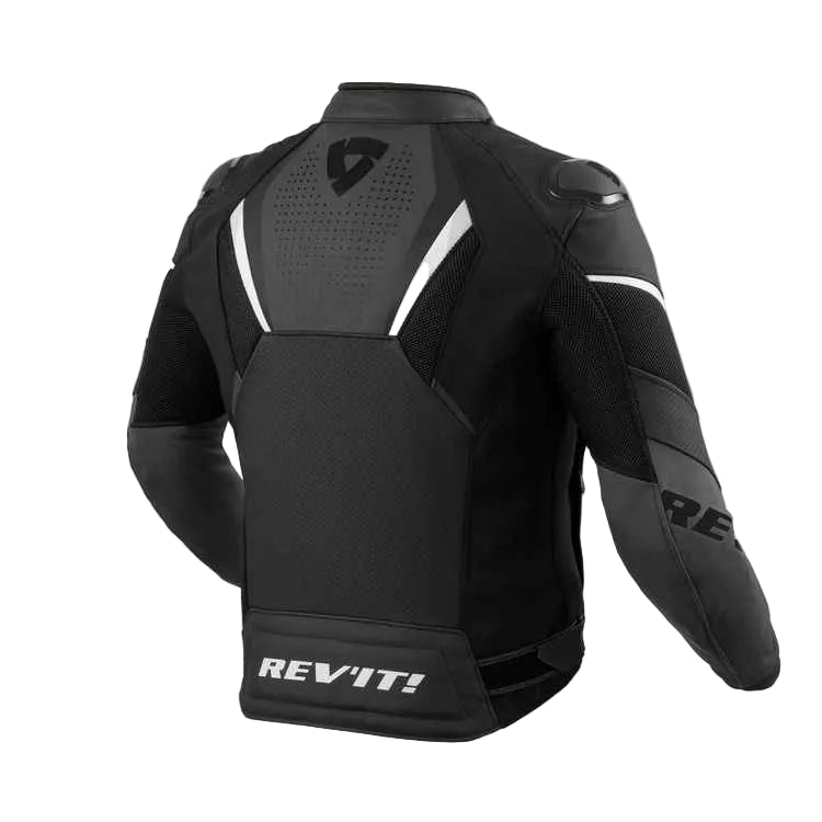 Black motorcycle jacket with REVIT! branding on a light gray background