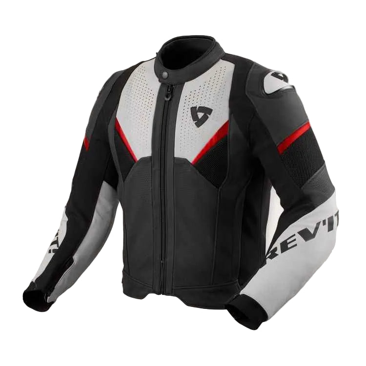 A black, white, and red motorcycle leather jacket with perforated panels, shown on a light beige background. The brand name 'REV'IT!' is visible on the right sleeve.