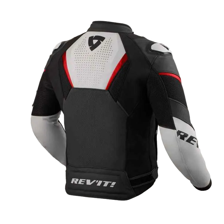 Black and gray motorcycle jacket with red accents on a white background, featuring the Rev'it! brand.