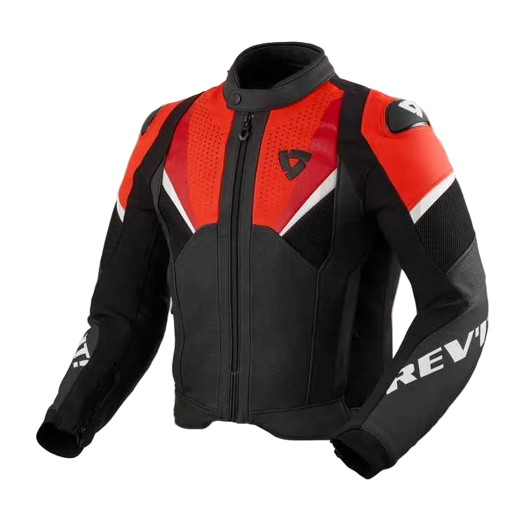 Black and red motorcycle jacket with visible branding on a white background