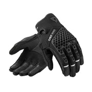 Black gloves with text on a light gray background