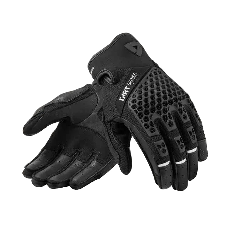 Black gloves with text on a light gray background