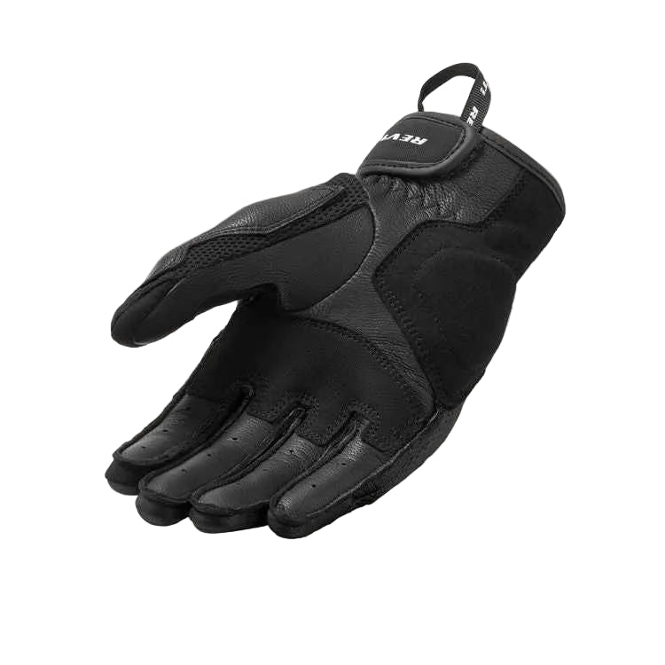 Black motorcycle glove with brand logo on a light gray background