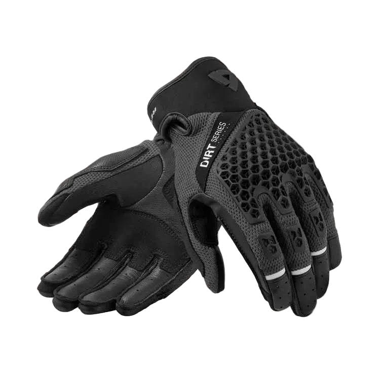 Black gloves with textured palm and 'Dirt Series' branding on a light gray background