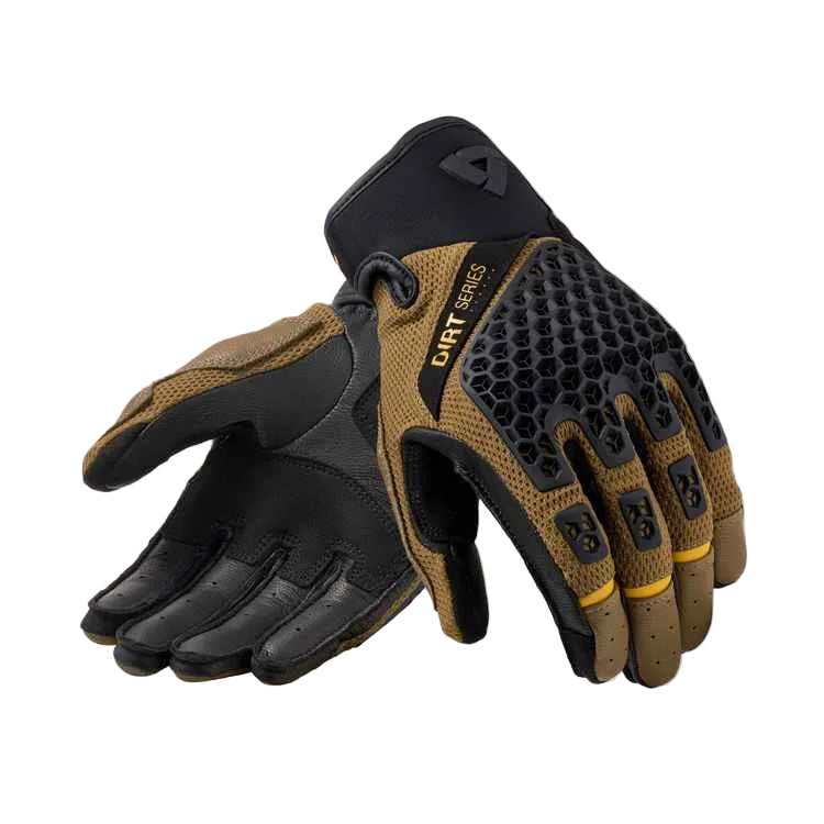 A pair of black and tan dirt gloves with textured grip panels on the backs, displayed against a light gray background.